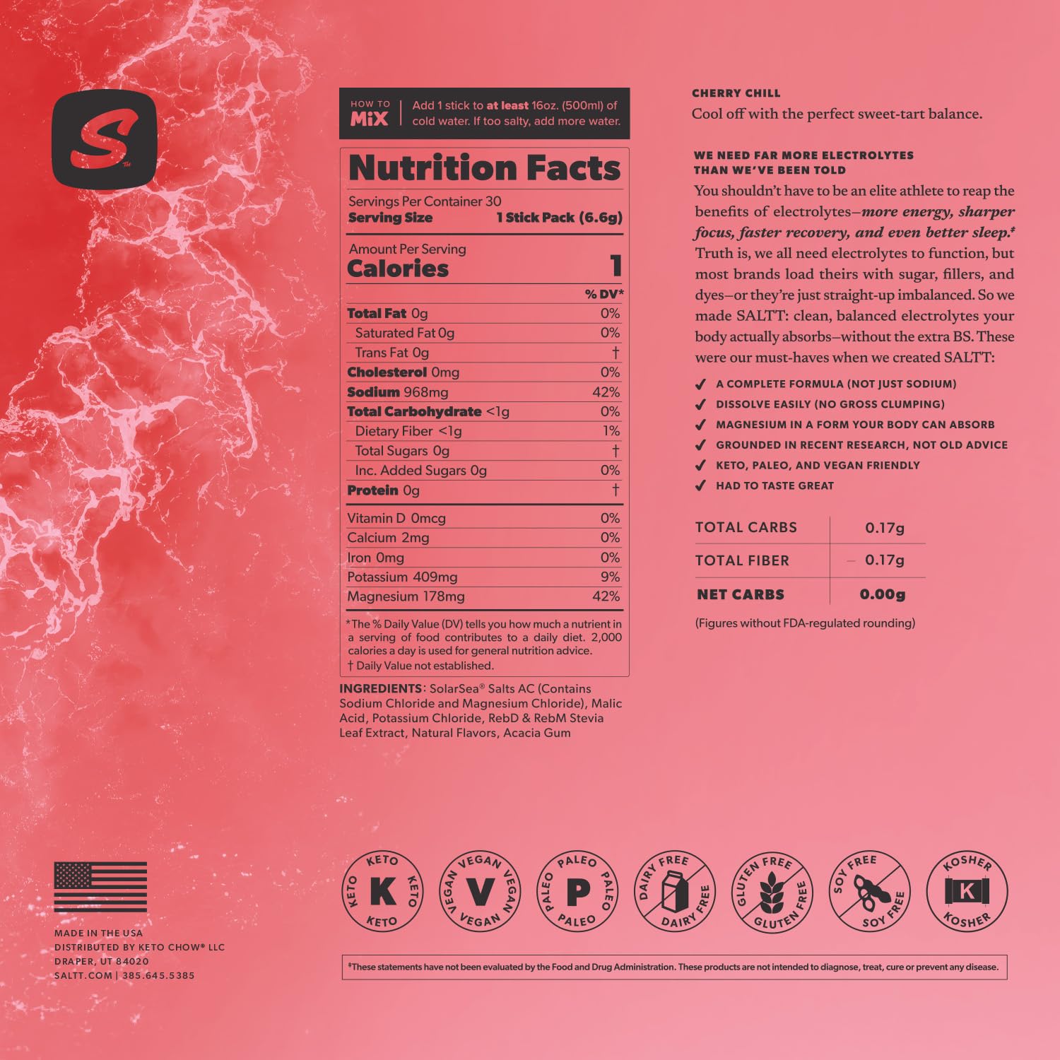 Serving suggestion: cold water, SALTT Cherry Chill for refreshing hydration.
