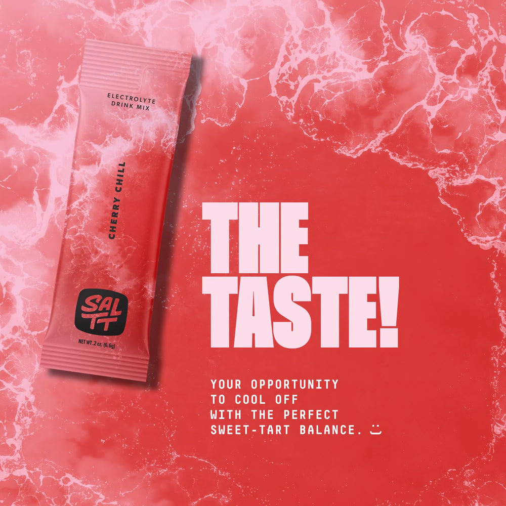 Travel-friendly SALTT Cherry Chill packets fit in bags for daily hydration.