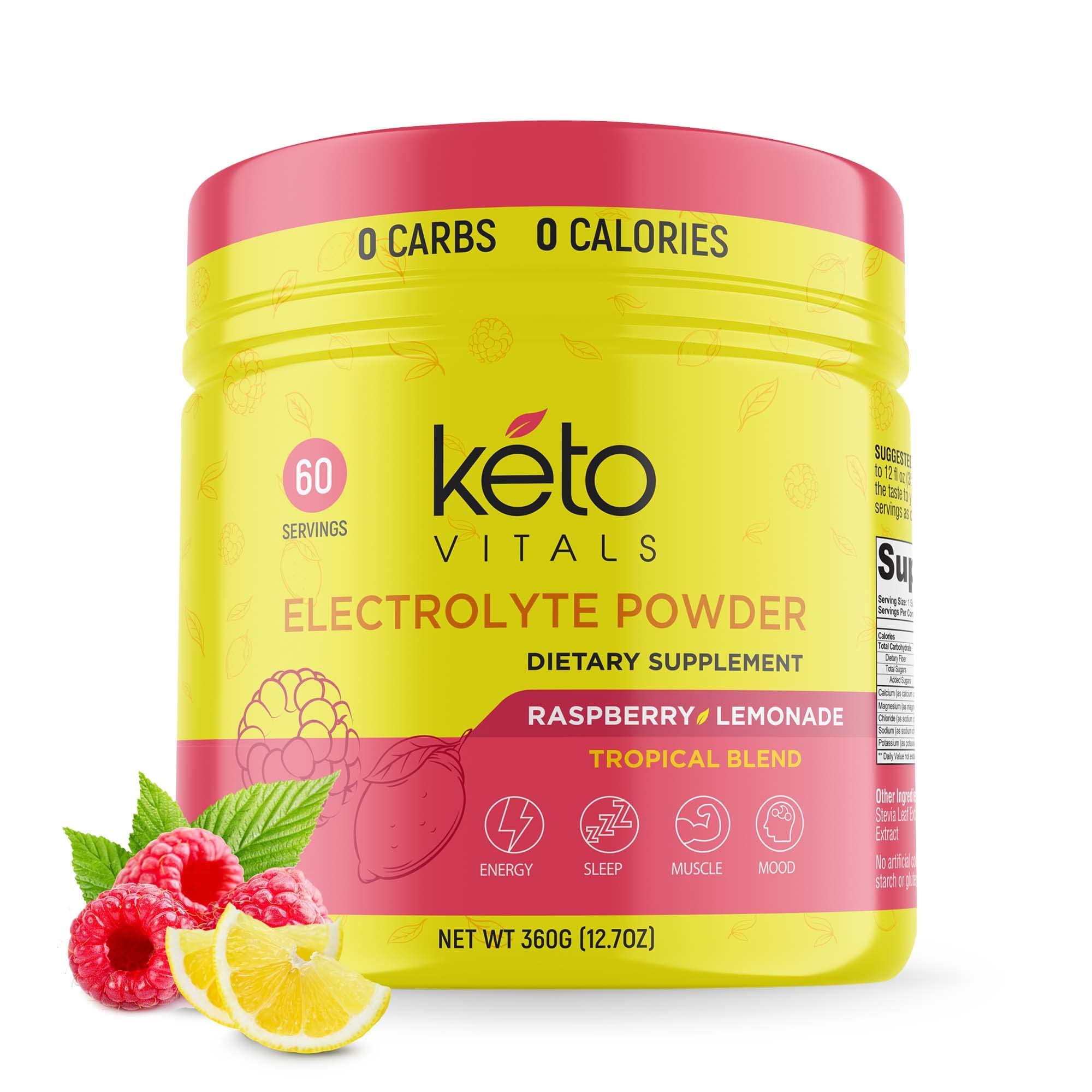 Keto Vitals electrolytes Raspberry Lemonade powder tub front for sugar-free keto hydration
