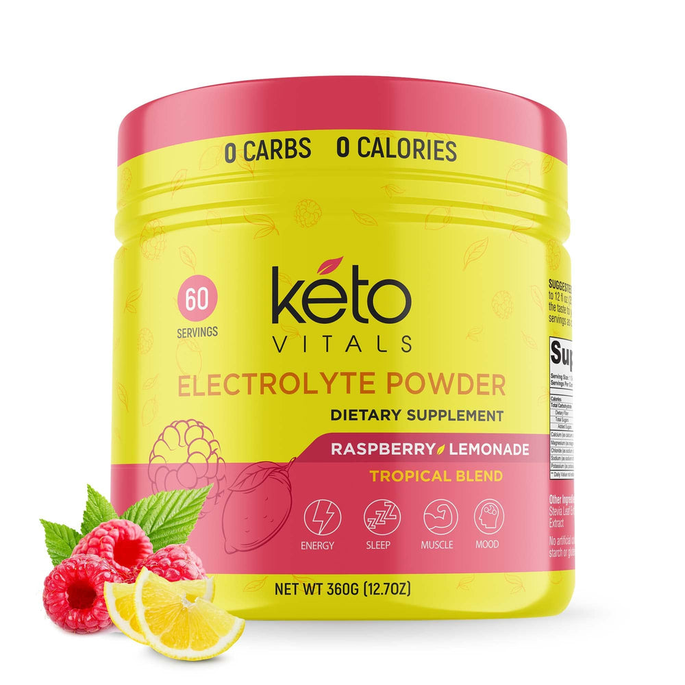 Keto Vitals electrolytes Raspberry Lemonade powder tub front for sugar-free keto hydration
