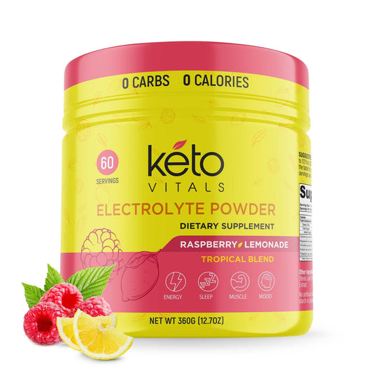 Keto Vitals electrolytes Raspberry Lemonade powder tub front for sugar-free keto hydration