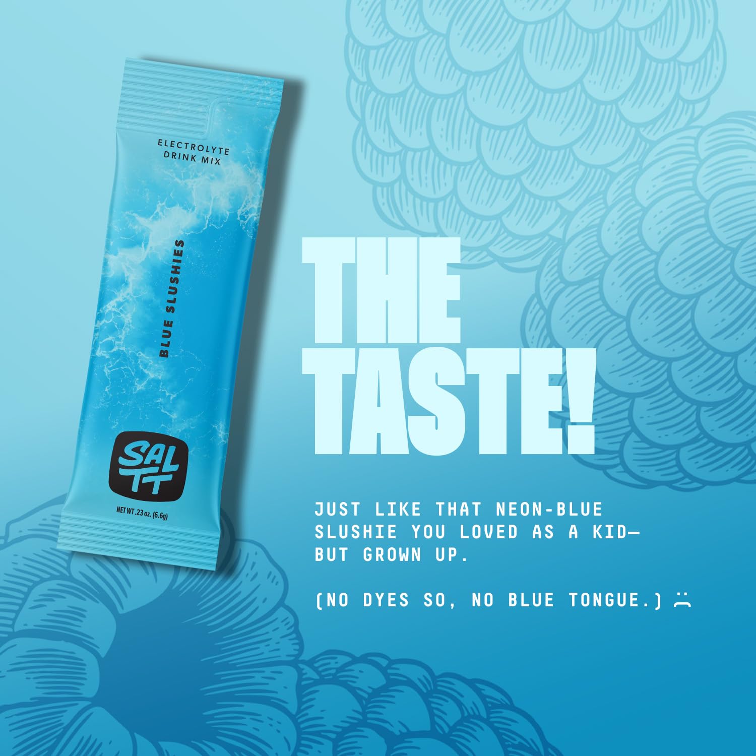 Keto Chow SALTT Blue Slushies bottle with glass on a bright surface