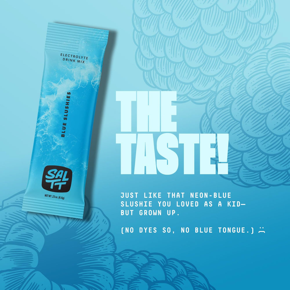 Keto Chow SALTT Blue Slushies bottle with glass on a bright surface