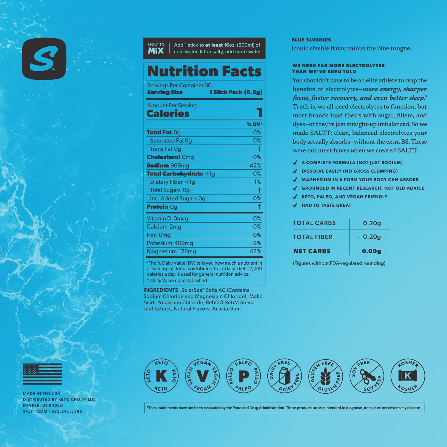 Keto Chow SALTT Blue Slushies zero sugar hydration option during travel
