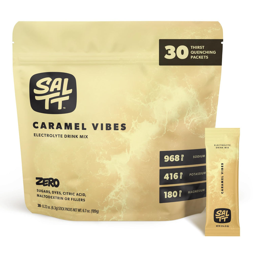 Keto Chow SALTT Caramel Vibes packet close-up for on-the-go hydration.