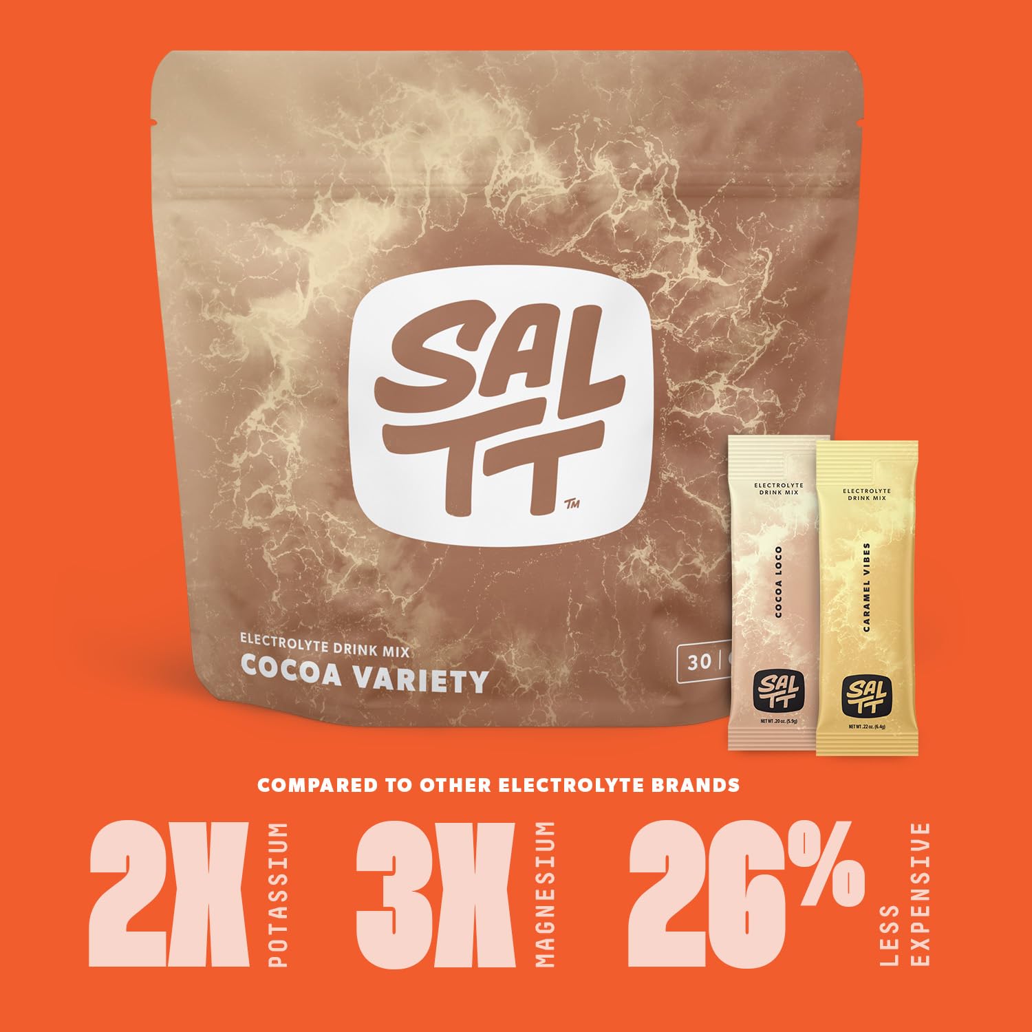 A SALTT cocoa packet dissolving in water for on-the-go hydration after a workout.
