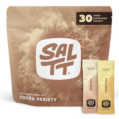 Keto Chow SALTT cocoa packet packaging shows a vegan electrolyte option for daily hydration.