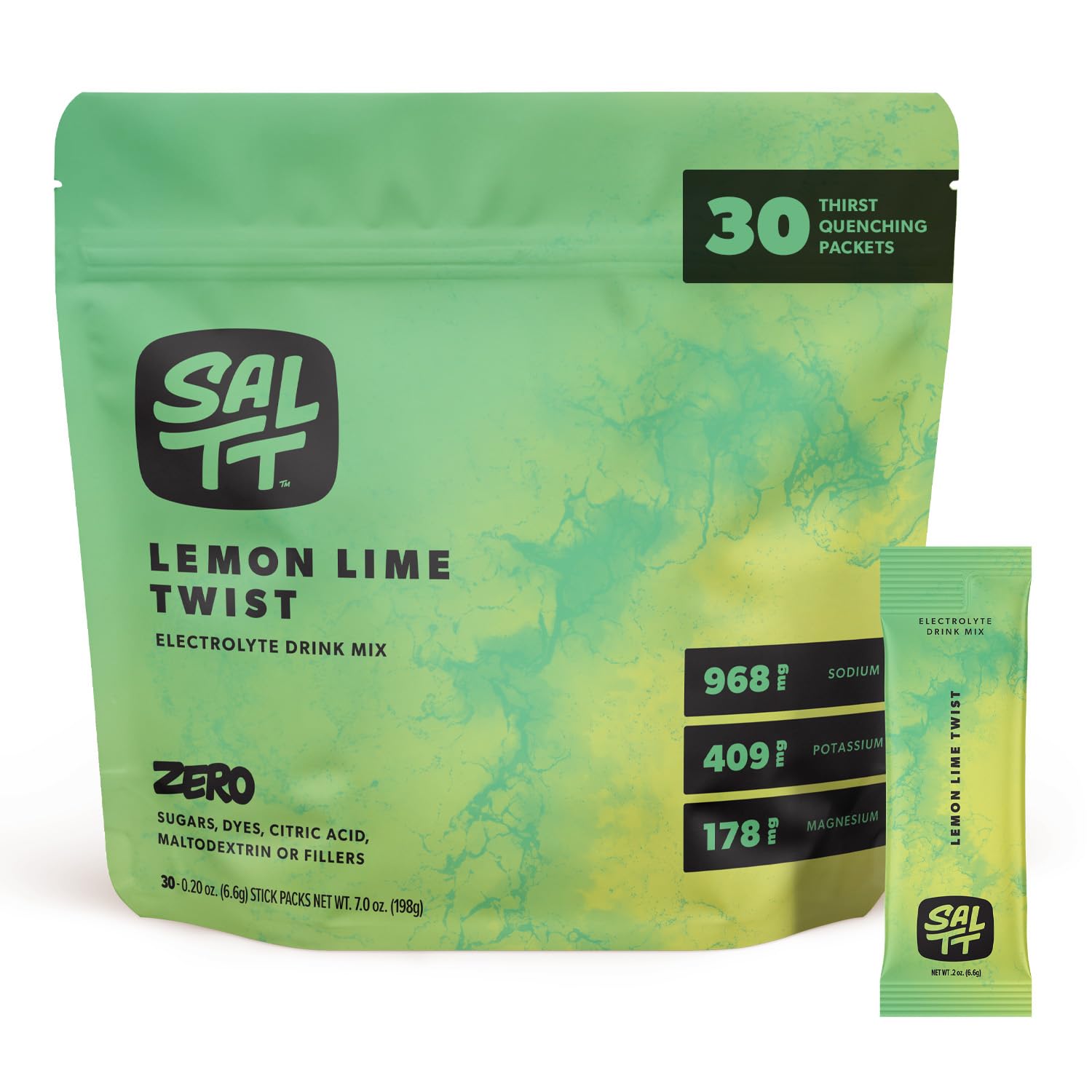 Keto Chow SALTT Lemon Lime Twist packet beside a bottle for on-the-go hydration.