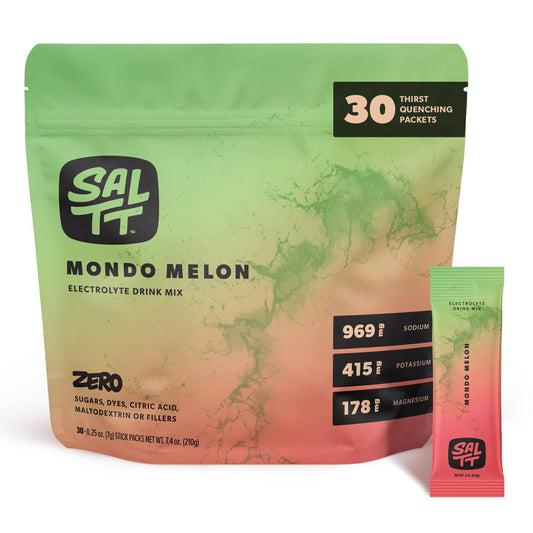 Keto Chow SALTT Mondo Melon packet open for on-the-go hydration.