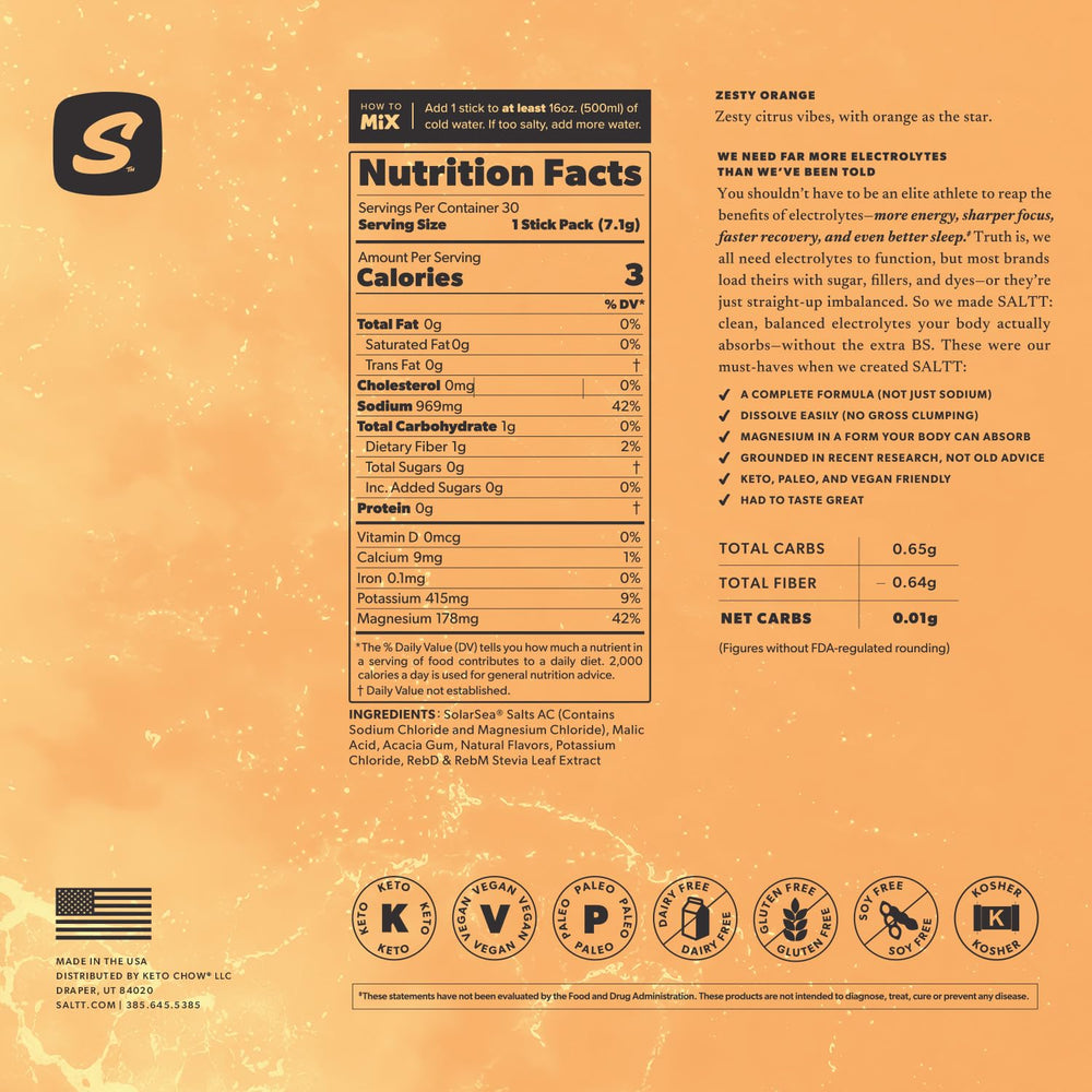 Keto Chow SALTT zesty orange label with gluten-free claim