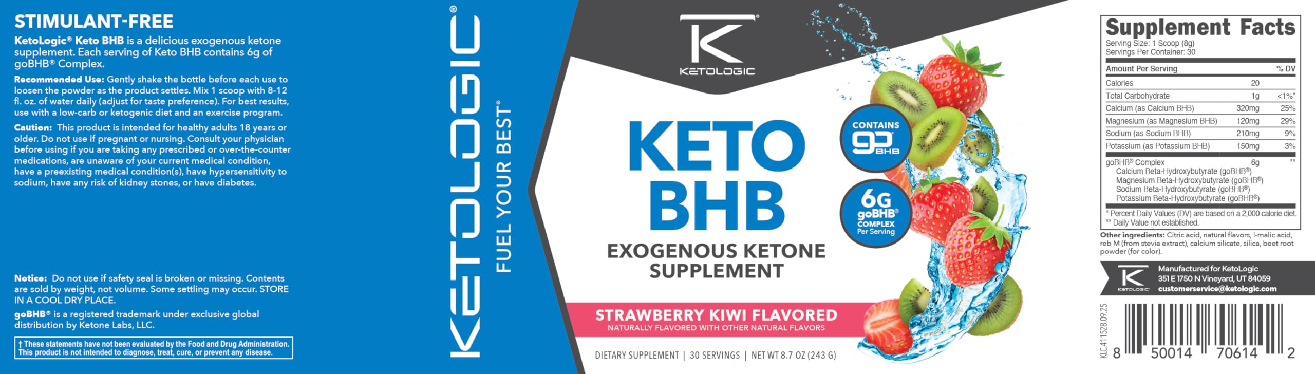 Ketologic Keto BHB bottle with scoop highlighting 30 servings