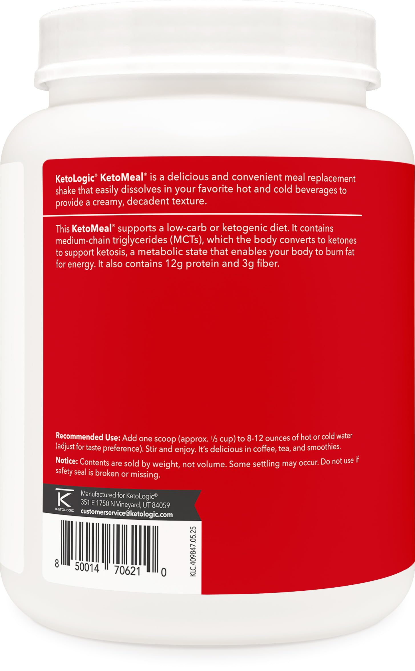 Ketologic Keto Meal powder vanilla tub label showing macro balance