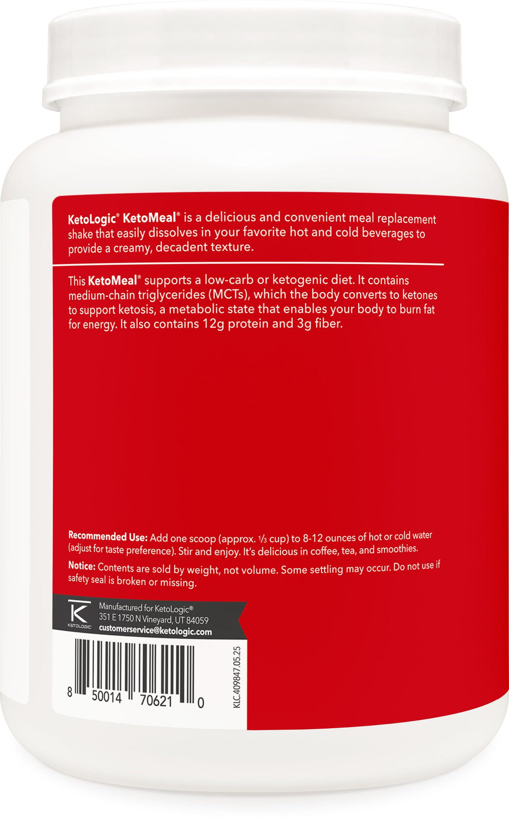 Ketologic Keto Meal powder vanilla tub label showing macro balance