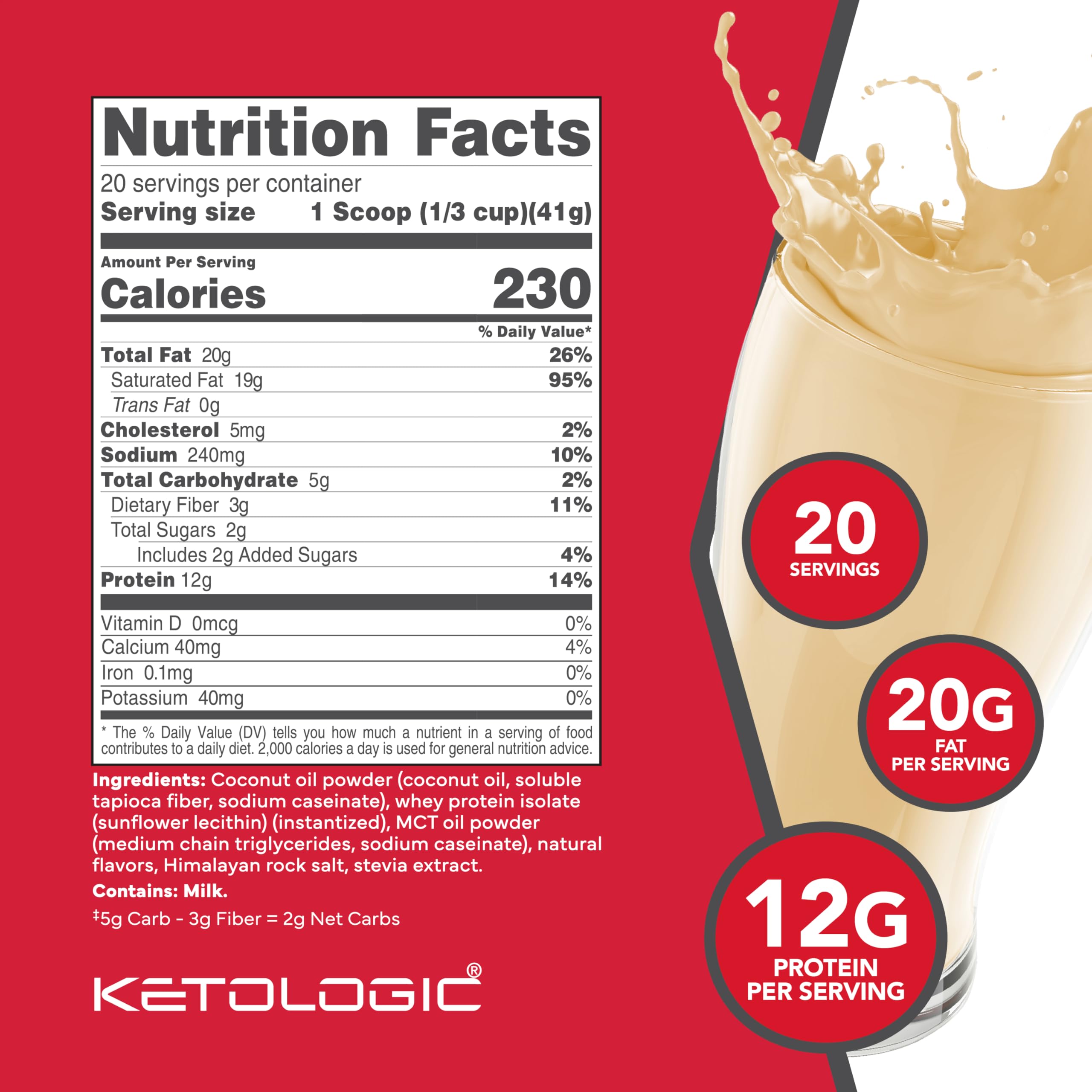 Ketologic Keto Meal shake vanilla with MCT oil in a glass for smooth texture