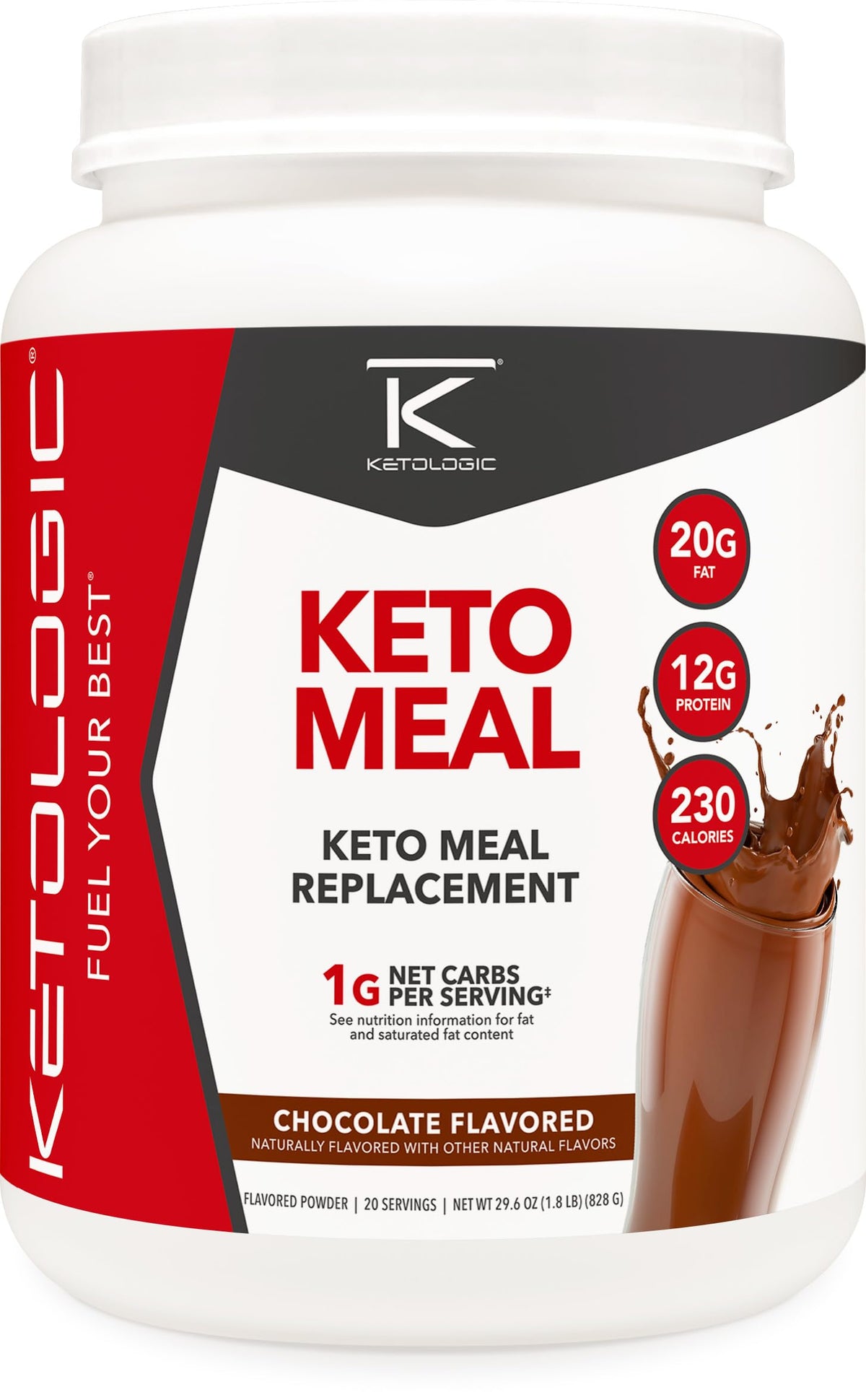 Ketologic Ketomeal chocolate shake pour demonstrates keto-friendly, satiating meal replacement.