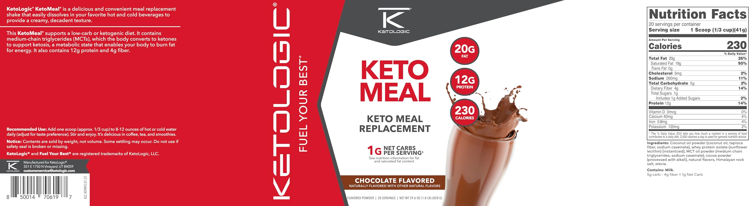 Nutrition label on Ketomeal tub shows low net carbs and keto macros.