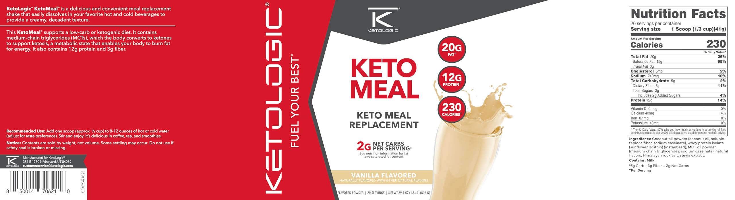Ketologic premium ingredients keto shake packaging sugar-free gluten-free vanilla