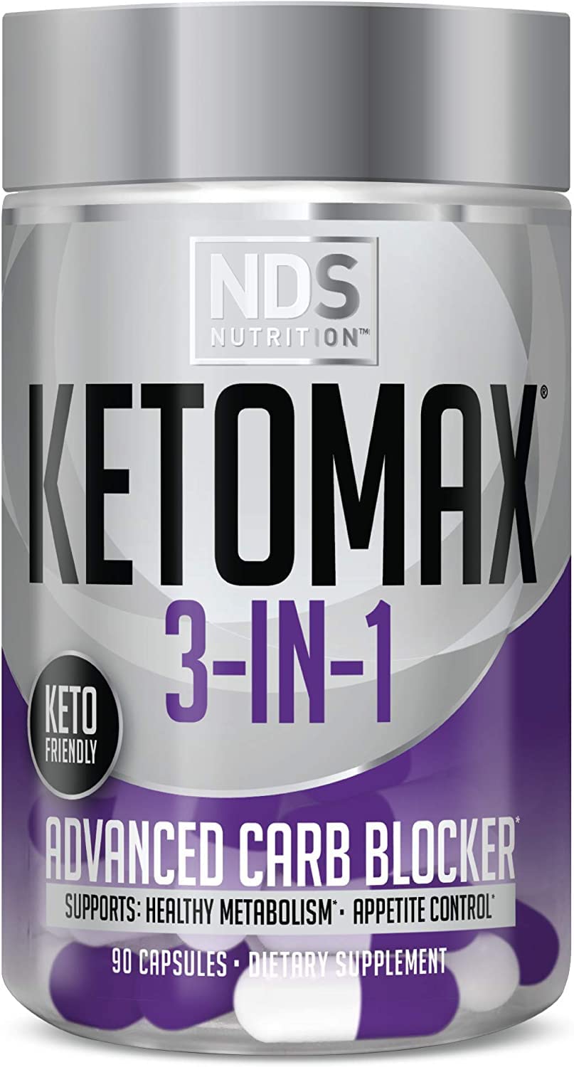 Keto-Max 3-in-1 bottle label highlights carb-blocking and metabolism support.
