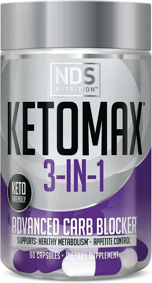 Keto-Max 3-in-1 bottle label highlights carb-blocking and metabolism support.