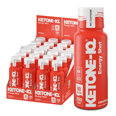 Ketone-IQ No Caffeine Shot bottle pour highlights clean energy for focused activity.