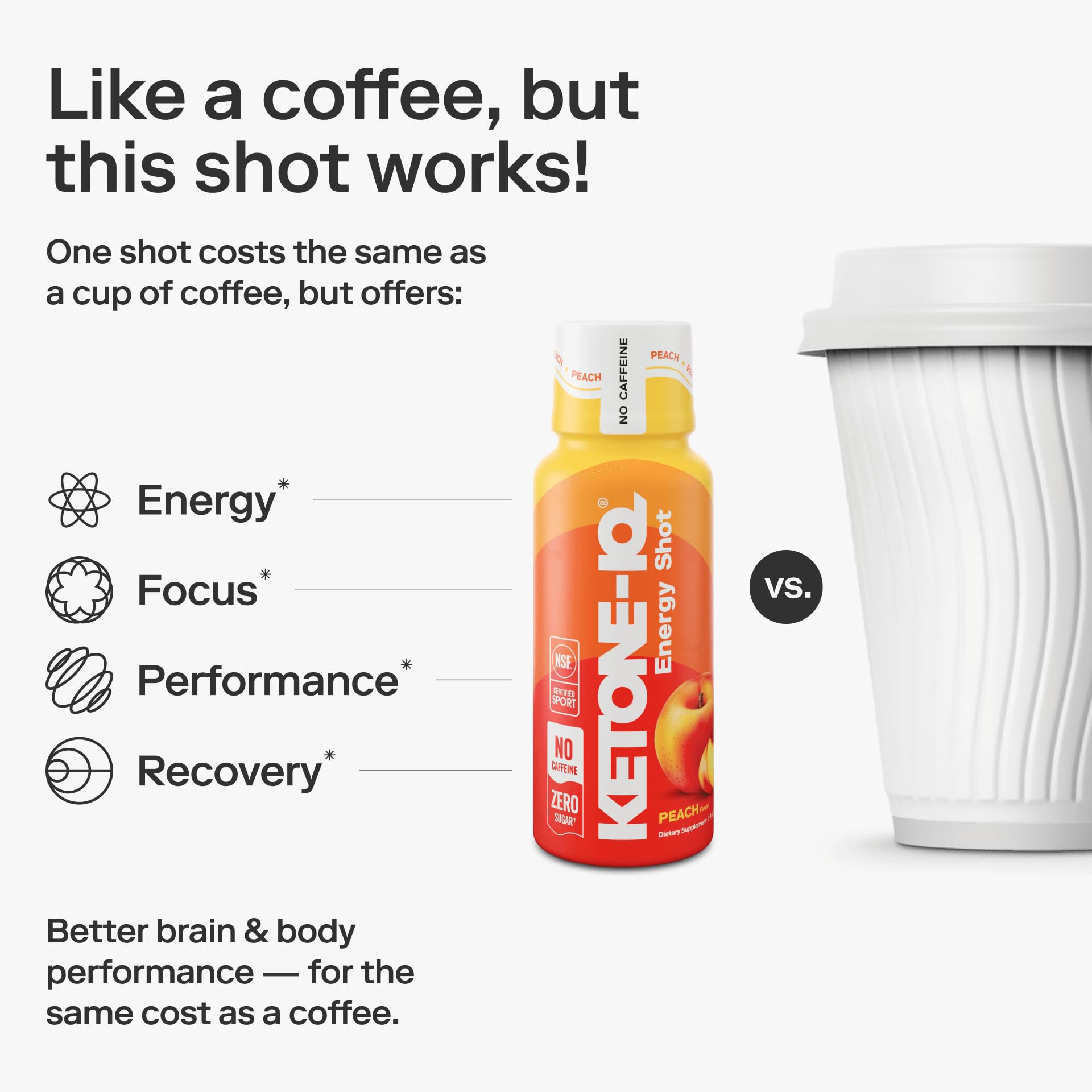 Ketone-IQ No Caffeine Shot ingredients panel shows vegan-friendly formula.