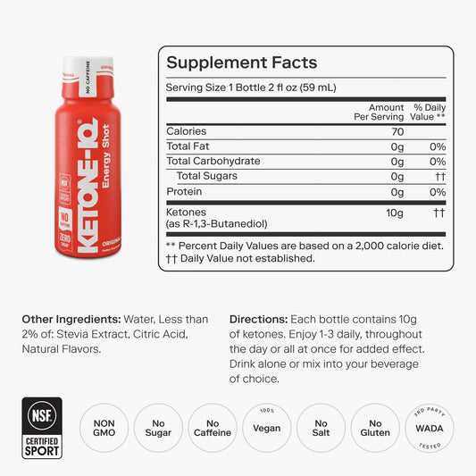 Ketone-IQ No Caffeine Shot label closeup shows 10g ketones per serving.