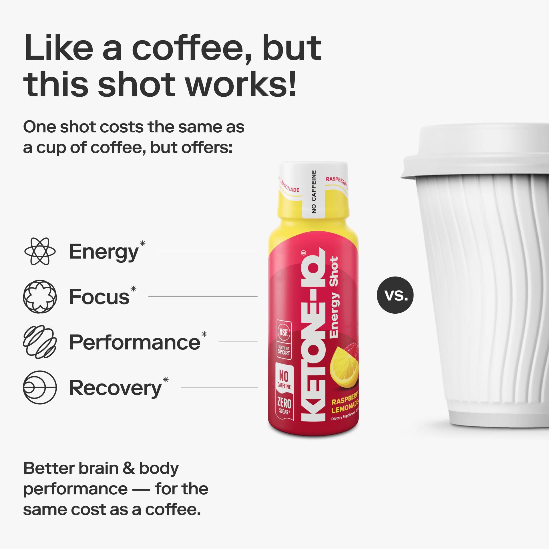 Front-facing Ketone-IQ No Caffeine Shot packaging on a clean shelf.
