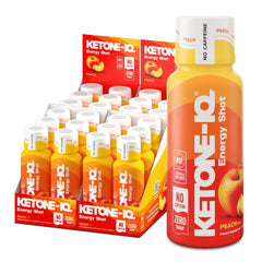 Ketone-IQ No Caffeine Shot peach bottle showing 10g ketones for steady energy.
