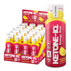 Ketone-IQ No Caffeine Shot bottle with raspberry lemonade for steady energy without crash.