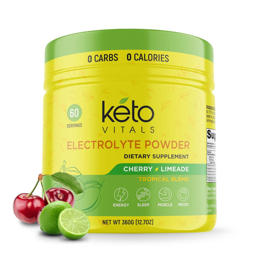 Keto Vitals Electrolytes powder tub front shows keto minerals for steady energy