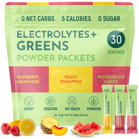 Keto Vitals Keto Electrolytes + Greens box front showing hydration-ready packaging