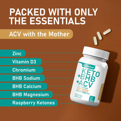 KetoZest Keto ACV BHB capsules ingredients panel features ACV with the Mother and BHB salts