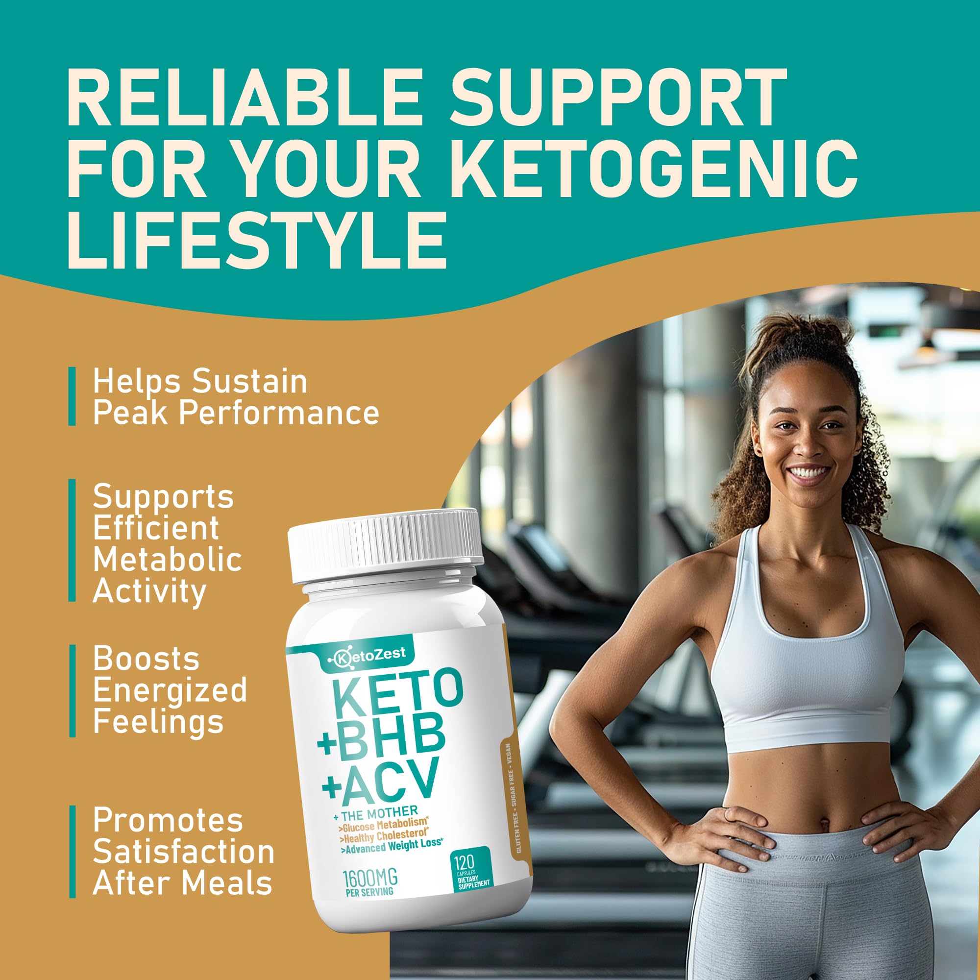 KetoZest Keto ACV BHB capsules label emphasizes vegan, gluten-free formula