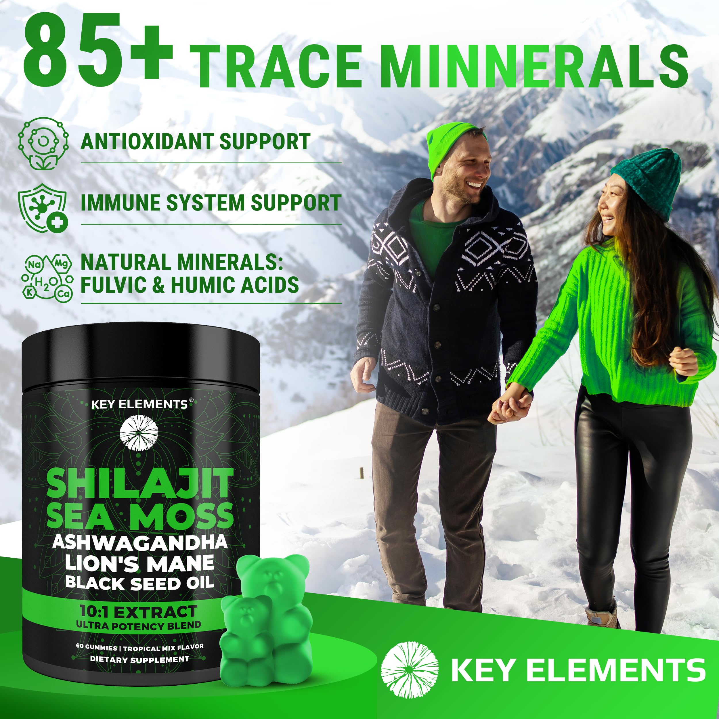 Key Elements Shilajit Gummies with sea moss and humic acids.