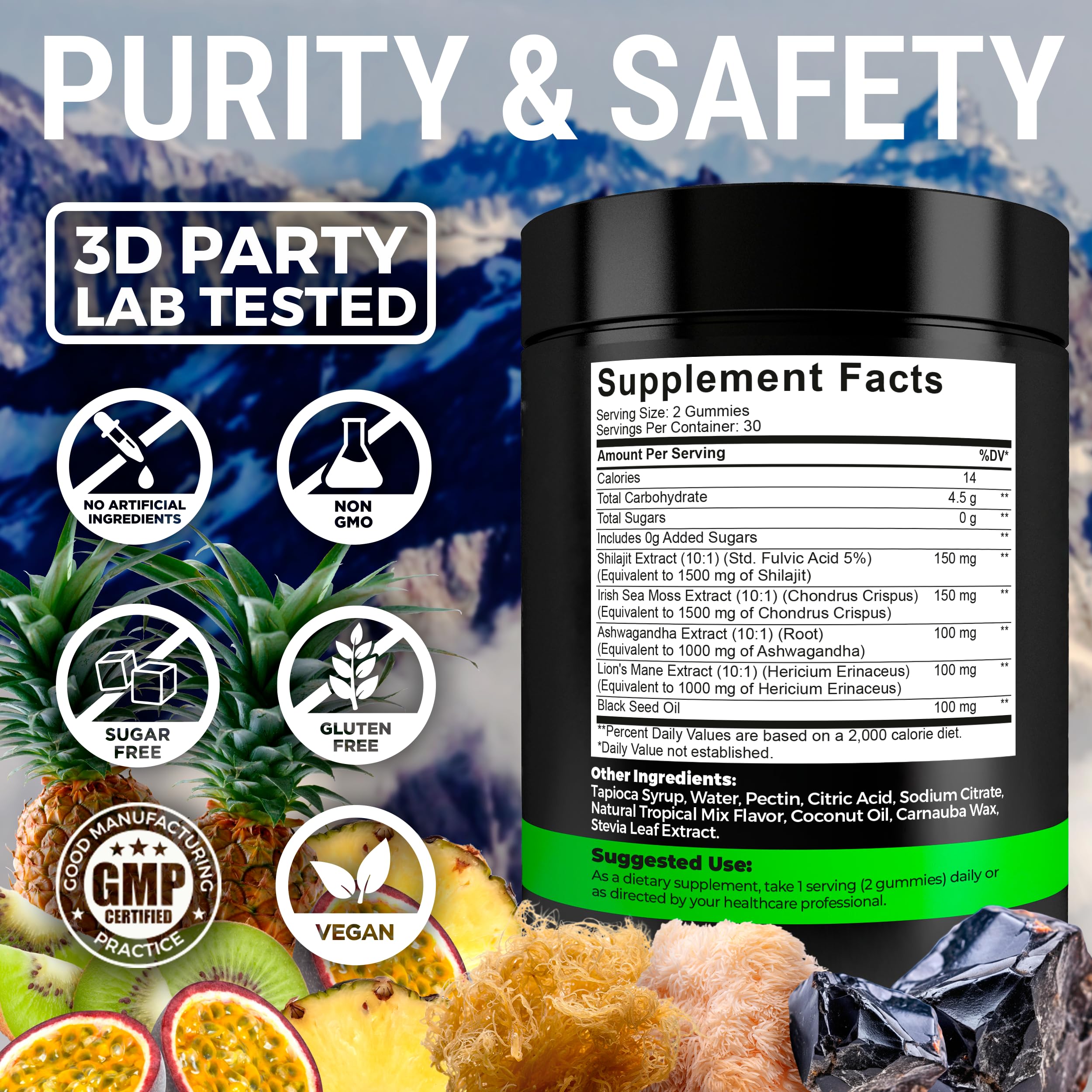 Key Elements Shilajit Gummies featuring Lion's Mane extract for focus.