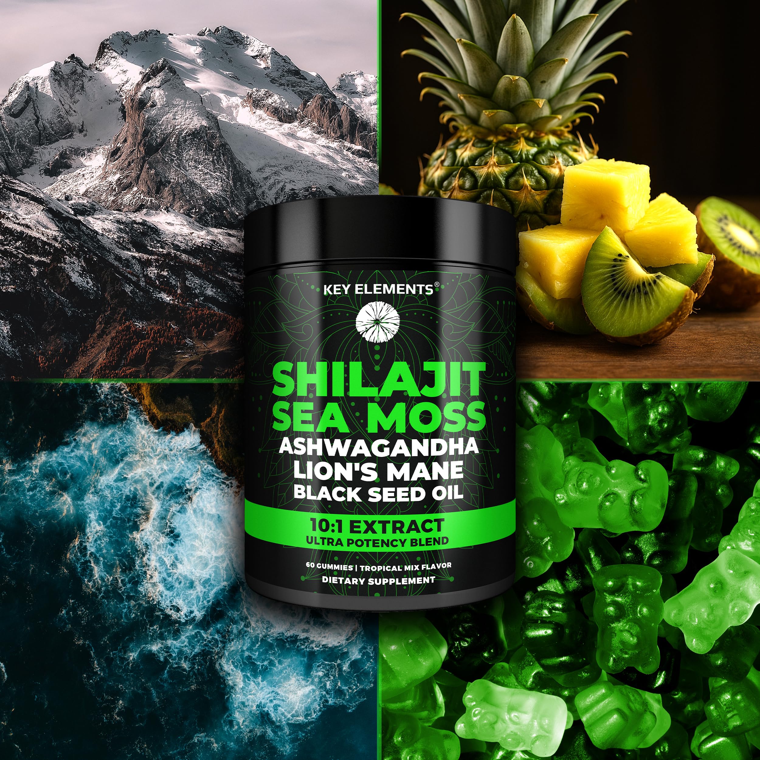 Key Elements Immune-friendly daily gummies in bright setting.
