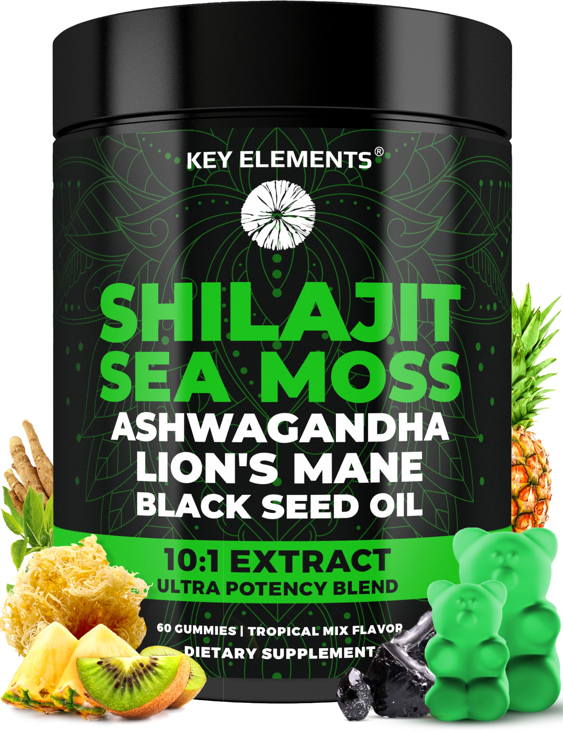 Key Elements Shilajit Gummies bottle with sea moss for daily energy support.