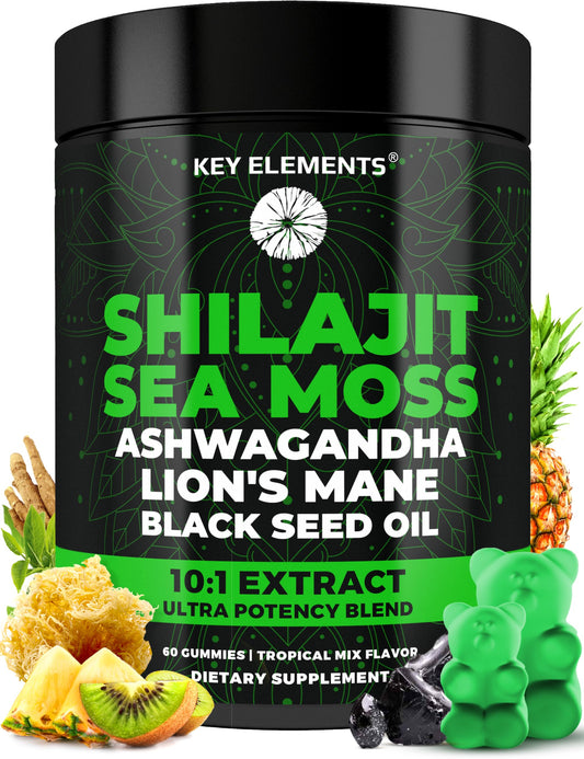 Key Elements Shilajit Gummies bottle with sea moss for daily energy support.