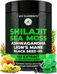 Key Elements Shilajit Gummies bottle with sea moss for daily energy support.