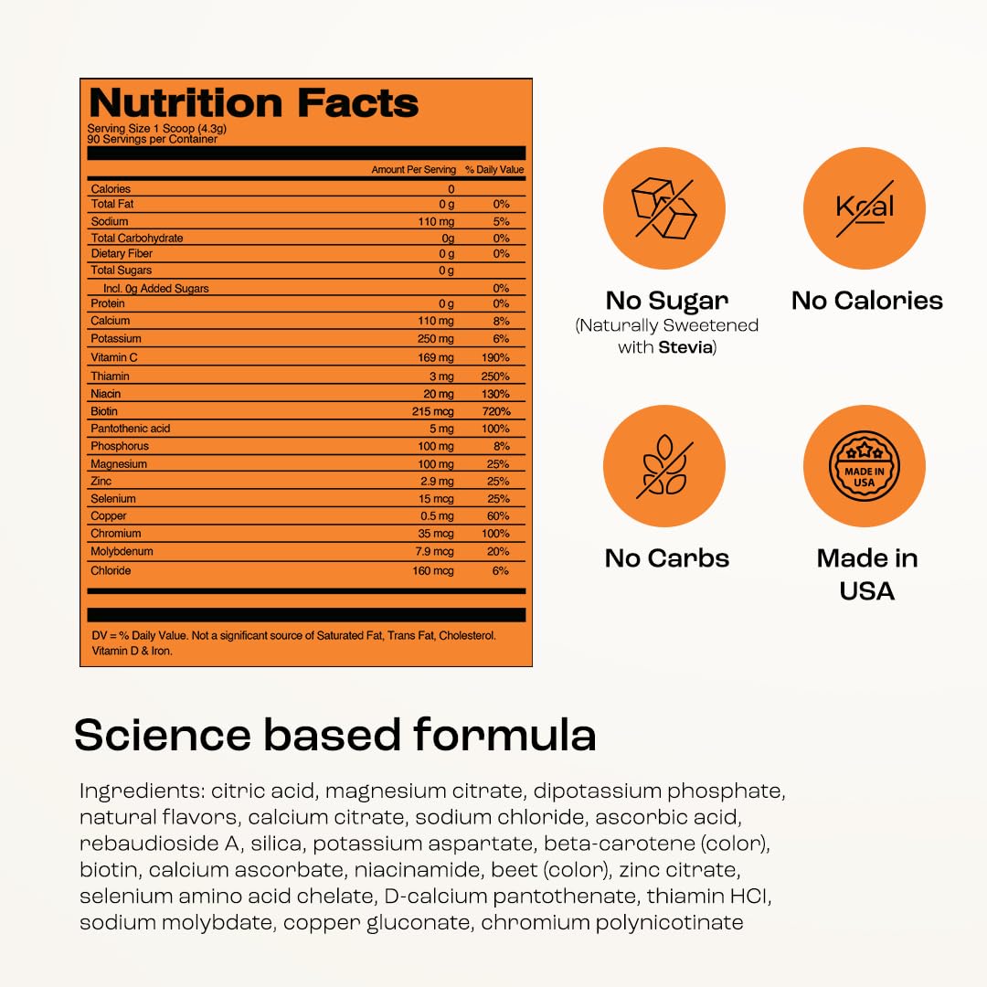 KEY NUTRIENTS Tangy Orange bottle poured into a glass for quick hydration