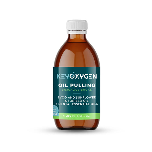 Keyoxygen ozonated pulling oil bottle closeup showing freshness and potential breath improvement