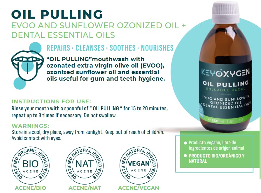 Keyoxygen ozonated pulling oil ingredients section highlights olive and sunflower oils