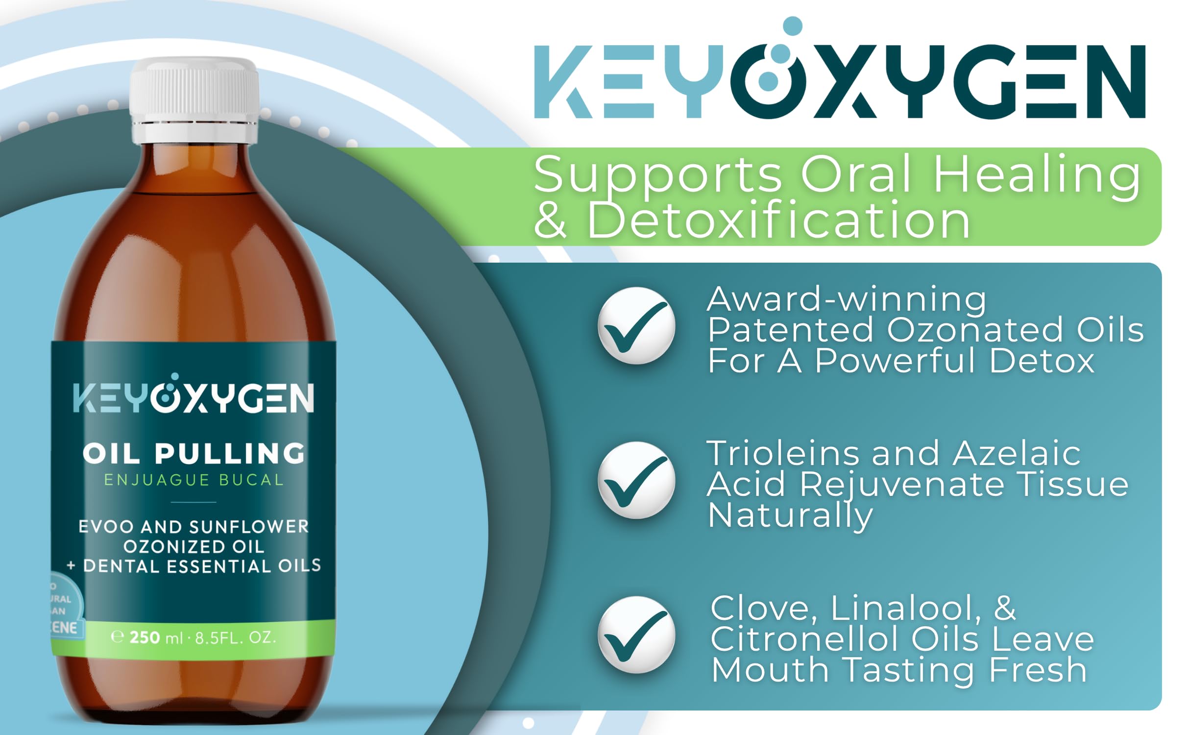 Keyoxygen ozonated pulling oil packaging highlights fluoride-free dental care options