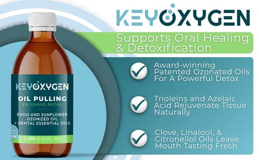 Keyoxygen ozonated pulling oil packaging highlights fluoride-free dental care options