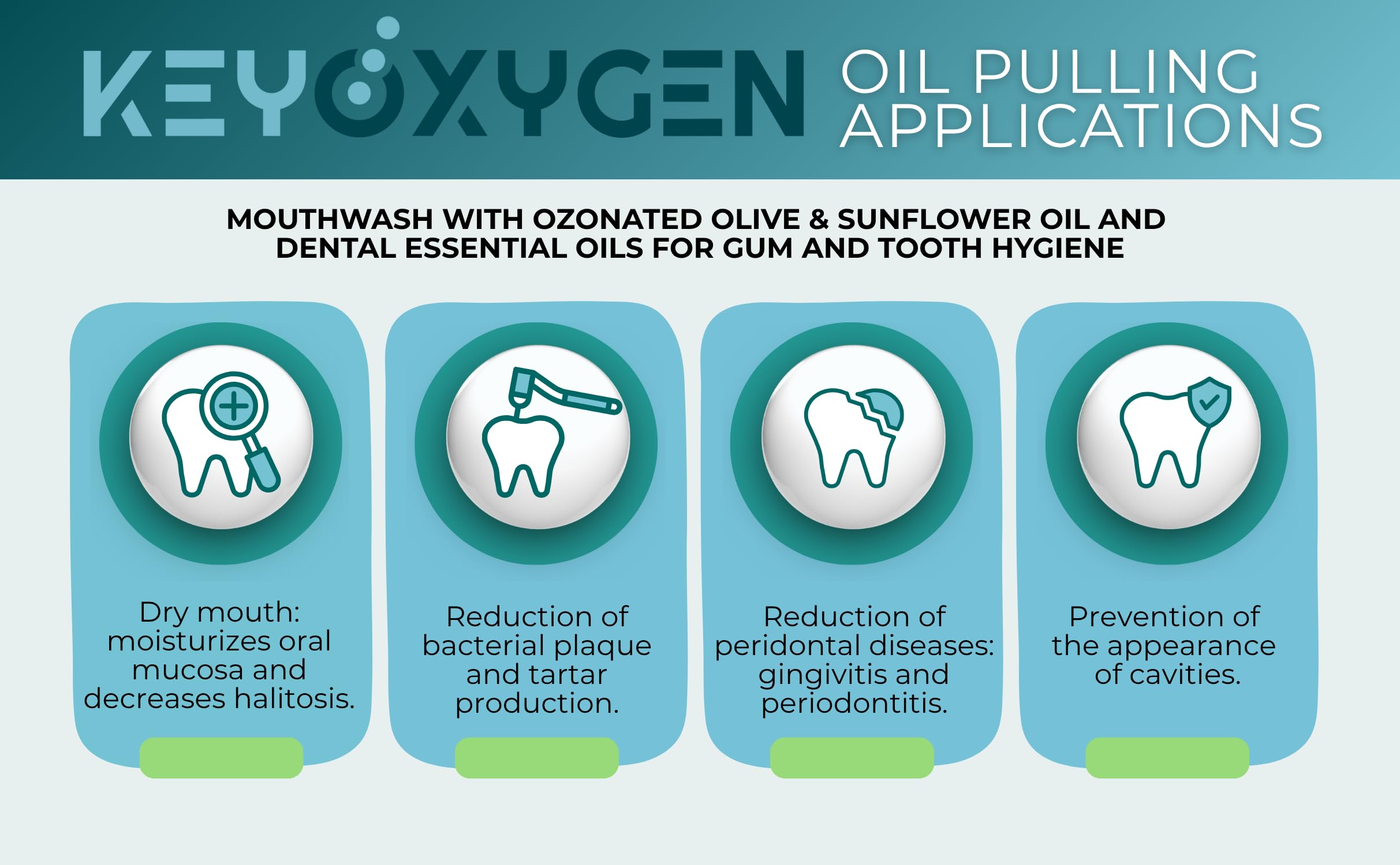 Keyoxygen ozonated pulling oil pour action suggests easy swish for oral freshness