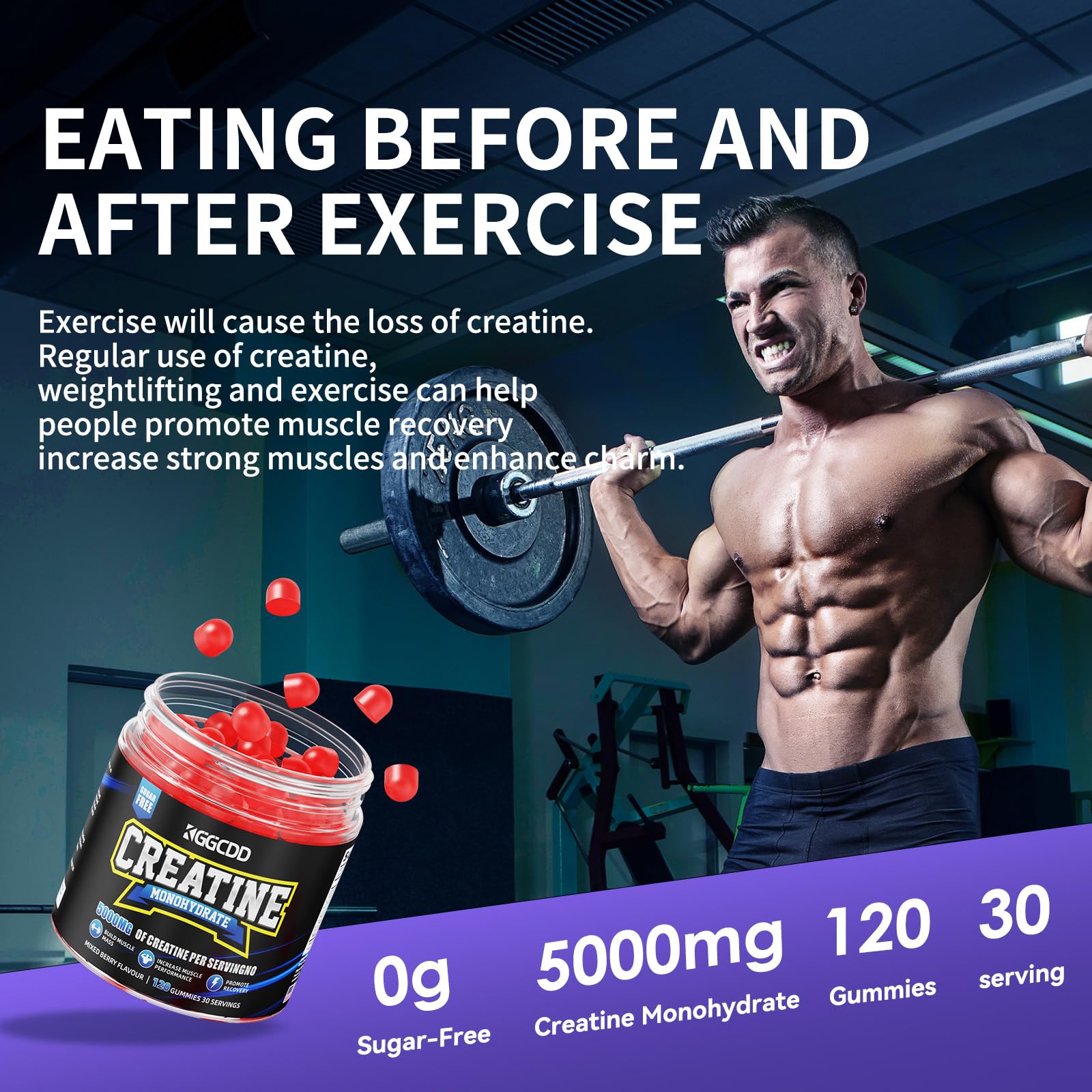 KGGCDD Creatine Monohydrate Gummies pouring scene highlights easy intake and focus.