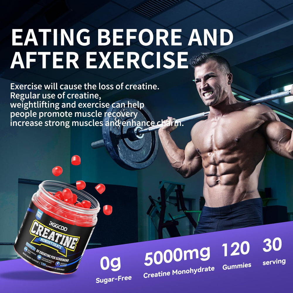 KGGCDD Creatine Monohydrate Gummies pouring scene highlights easy intake and focus.