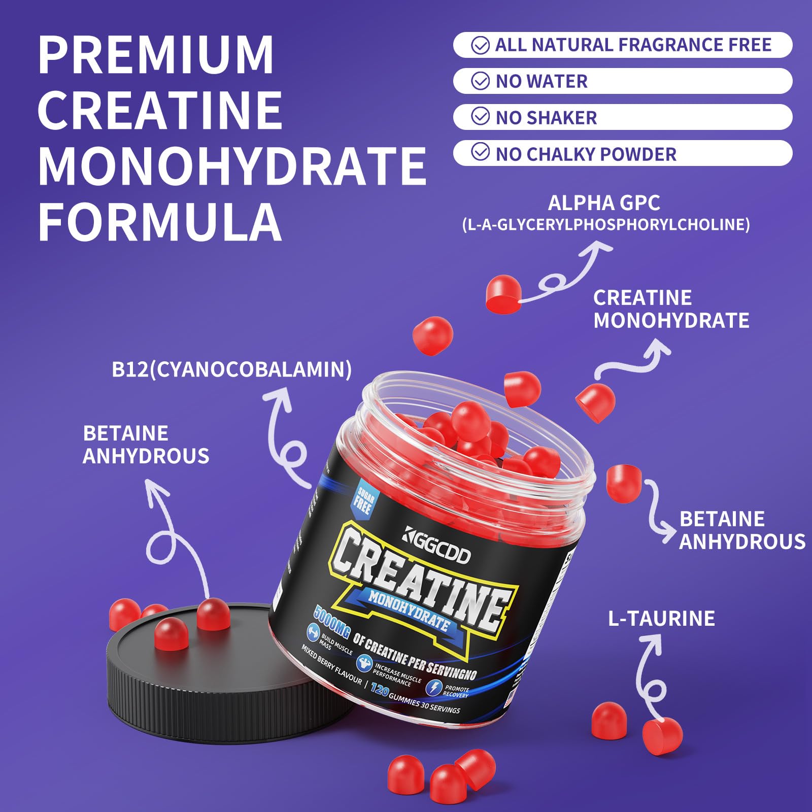 KGGCDD Creatine Monohydrate Gummies vegan label emphasizes sugar-free formula.