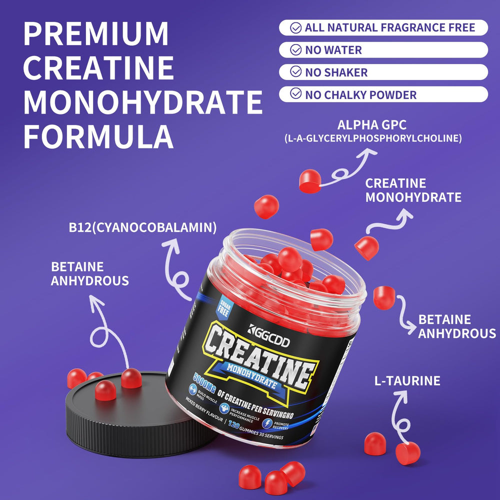 KGGCDD Creatine Monohydrate Gummies vegan label emphasizes sugar-free formula.