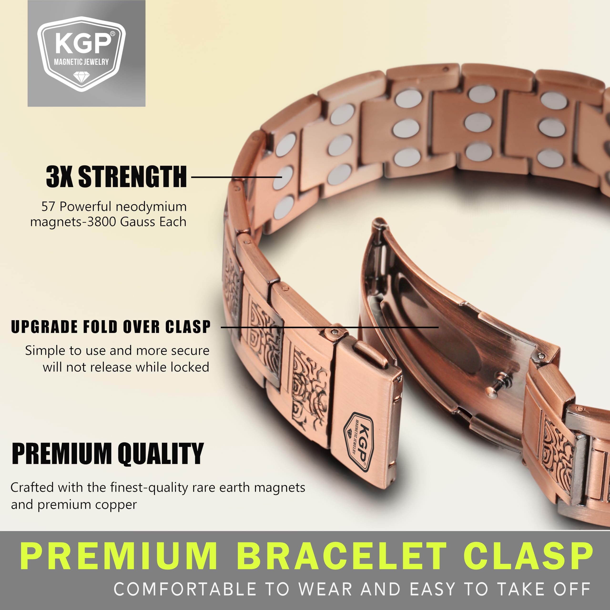 KGP copper bracelet fold-over clasp detail for easy wearing